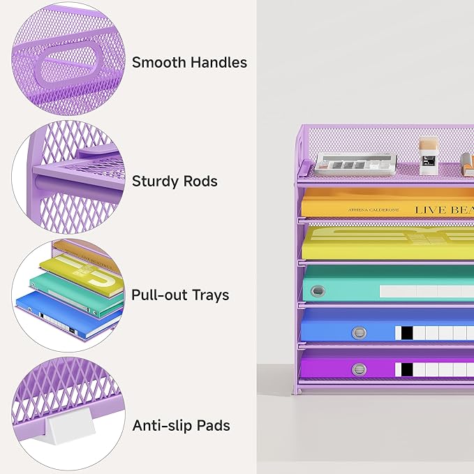 Cawukege 6 Tier Paper Organizer, Purple Letter Tray with Handle, Mesh Desk Organizer, Metal File Organizer, Office Desk Accessories for Home, Office, Classroom, School