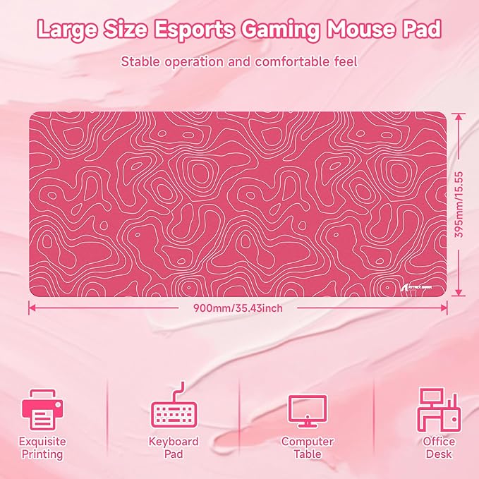 ATTACK SHARK CM02Pro Gaming Mouse Pad for Esports Speed Large Mouse mats for Desk Waterproof Surface Stitched Edges and Anti-Slip Rubber Base Size XXL Laminate 35.43” x 15.75” x 0.16” Pink Contour