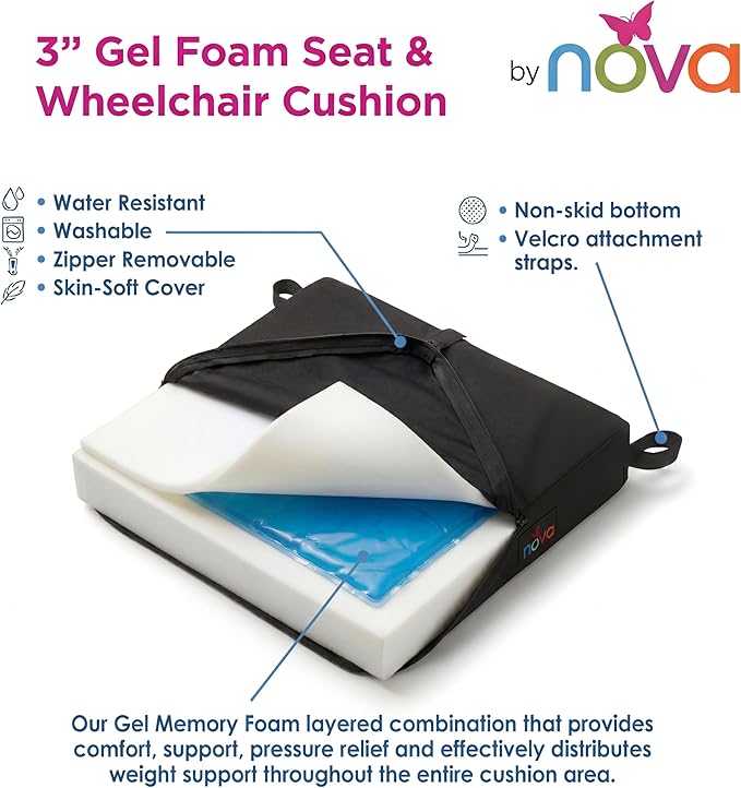NOVA Gel & Memory Foam Seat & Wheelchair Cushion in 8 Sizes (from 16” x 16” to 18” x 24” Extra Wide), Comfortable & Durable Everyday Seat Cushion with Removable Water Resistant Cover, 2” or 3” Thick