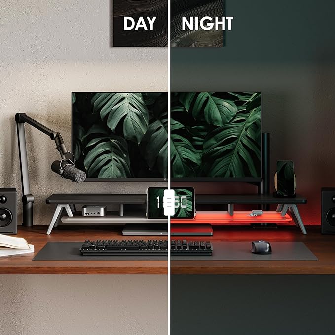 Fenge Dual Monitor Stand with 8-Mode LED Lights, 5.7" H Computer Monitor Riser with Acrylic Shelf & Aluminum Legs, Stable Desk Shelf Organizer for Computer Laptop Home Office & Gaming, Black
