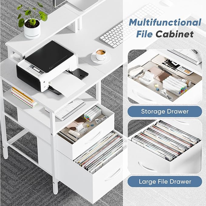 DUMOS 62 Inch L Shaped Gaming Desk with Charging Station & 2 Monitor Stands, Computer Desk with Drawer & Adjustable Storage Shelves, Large Corner Desk for Home Office, Light White