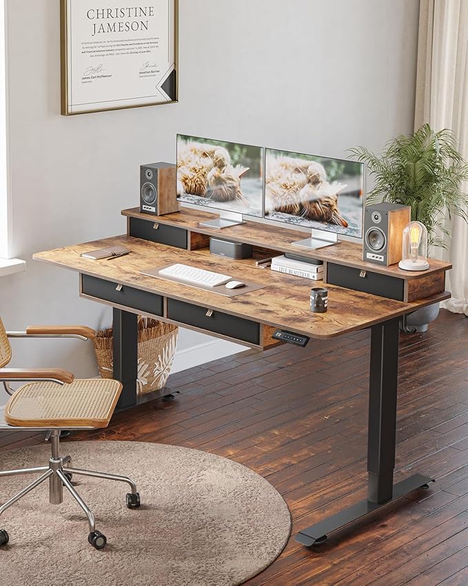 FEZIBO 48 x 24 inch Standing Desk with Drawers, Height Adjustable Electric Workstation, Computer Sit Stand Up Table with Large Storage Shelf 4 Drawers and 2 Hooks, Rustic Brown