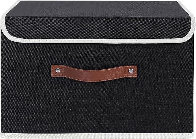 ANMINY 4PCS Storage Bin with Lid Storage Boxes with PU Leather Handles PP Plastic Board Decorative Foldable Lidded Cotton Linen Fabric Home Cubes Baskets Closet Organizer Container - Black, Medium