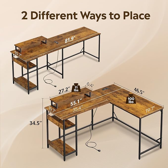 DEVAISE Spacious 55" L Shaped Gaming Desk with LED Lights and Power Outlets - Reversible Corner Computer Table with Monitor Stand and Storage Shelves for Work and Gaming, Rustic Brown