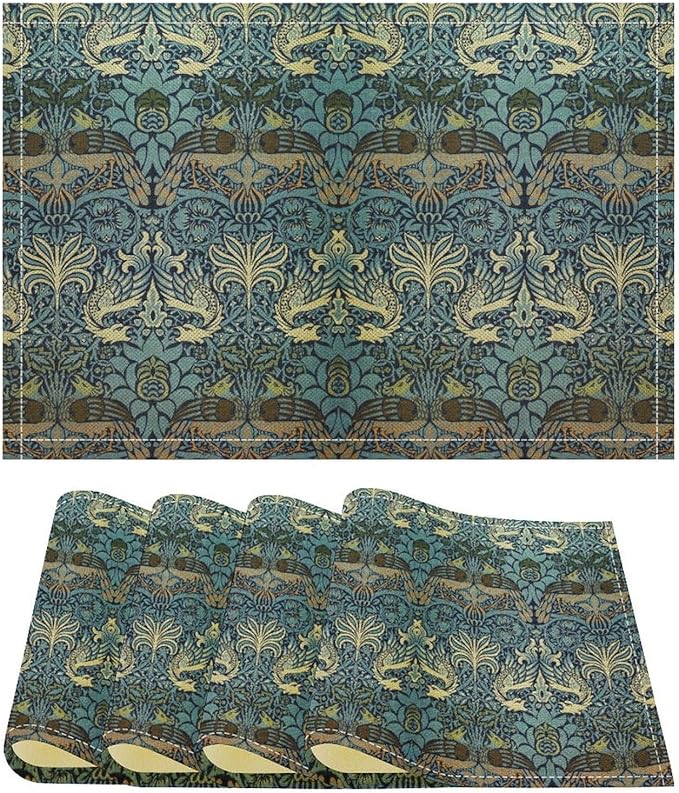 William Morris Bird Placemats Retro Bird Elegant Animal Pattern Linen Washable Table Mats Stain Heat-Resistant Desktop Decor Place Mats for Home Kitchen Dining Party 12x18 in 6 PCS