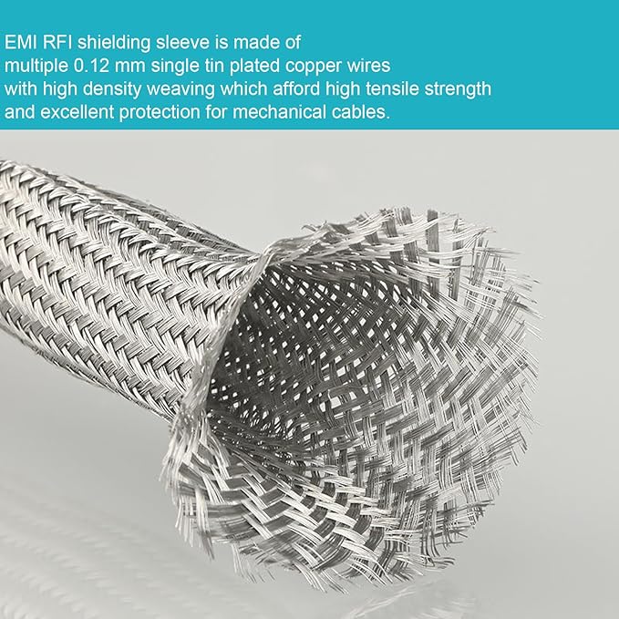 EMI RFI Shielding Wire Loom Metal Tinned Copper Grounding Braided Sheathing Cable Sleeve Mesh ESD Protection Flat Tubular Expandable (3/8" W(0.24" ID)-9FT)