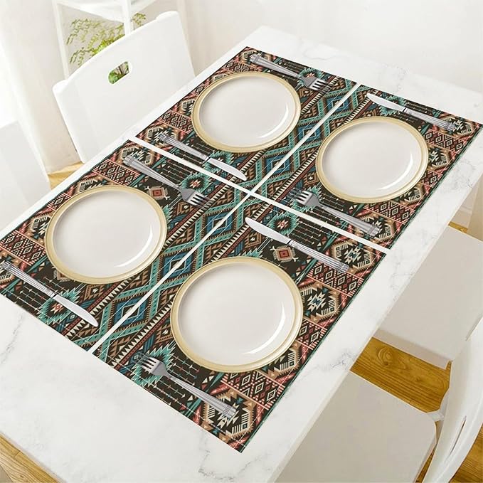Vintage Aztec Southwest Placemats Ethnic Style Design Boho Geometric Pattern Linen Washable Table Mats Stain Heat-Resistant Desktop Decor Place Mats for Home Kitchen Dining Party 12x18 in 6 Pcs