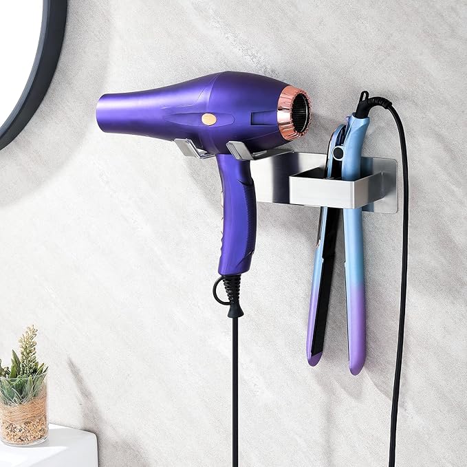 Hair Dryer and Straightener Holder, Upgraded Hair Straightener Holder with Cable Hook, Stainless Steel Universal Hair Dryer Wall Mount Waterproof for Bathroom Space-Saving Silver