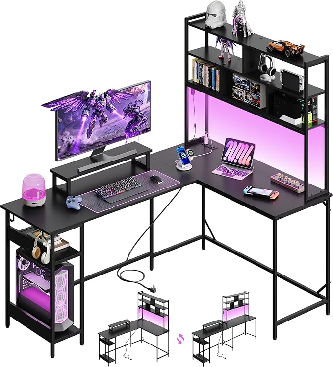 DEVAISE 66 Inch L Shaped Gaming Desk with Drawers and Storage, Corner Desk with LED Lights, Power Outlets, Computer Desk with Monitor Stand, Office Desk for Home, with Hutch, Black