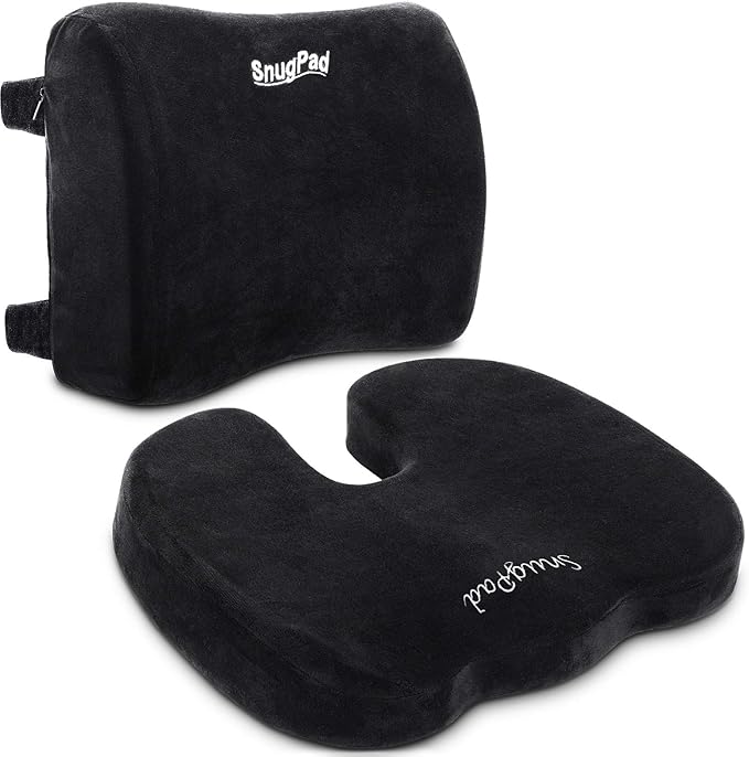 Memory Foam Lumbar Pillow and Seat Cushion Combo, Ergonomic, Lower Back and Coccyx Support, Premium Washable Velvet Covers with Non-Slip Bottom, Ideal for Office Chairs and Car Seats (Black)