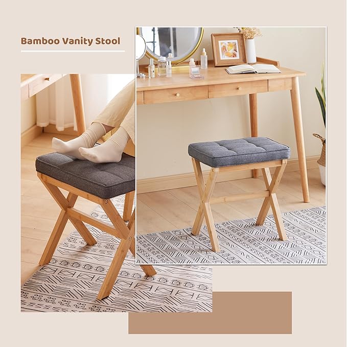Foot Stool Small Ottoman Foot Rest Padded Foot Stool Desk for Under Office Desk Vanity Stool Bamboo Footstool Sofa Footrest Shoe Stool Small Foot Stools (Natural Legs + Gray)
