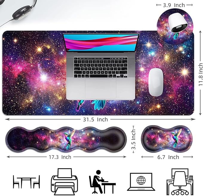 Ergonomic Mouse Pad Set with Wrist Support for Keyboard and Wrist Rest for Mouse, Memory Foam Comfort, Non-Slip Large Desk Mat for Home Office Pain Relief,Space Hummingbird