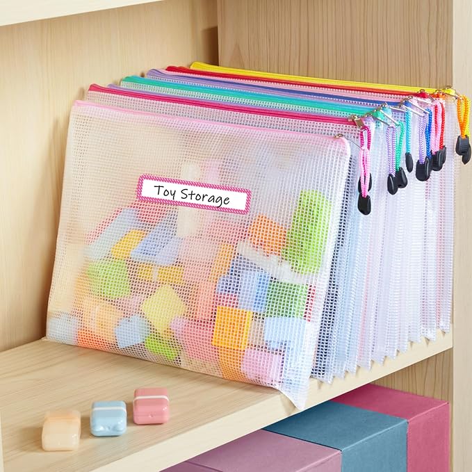 Sooez 24 Pack Mesh Zipper Pouch with Sticky Labels, A4 Mesh Bags, Toy Storage Board Game Puzzles Organization, Sturdy Letter Size File Folders Organizer Teacher School Classroom Office Supplies, Black