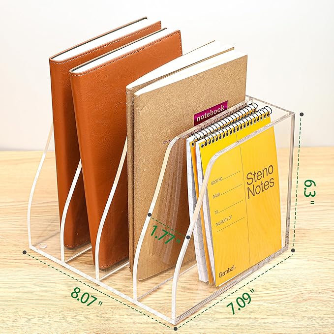 Acrylic Magazine File Holder, 4 Vertical Compartments Desk Document Sorter Organizer, Clear Folder Rack Binder for Office, Tablets, Magazines, Books – Home/Classroom Rack, 5mm Thick