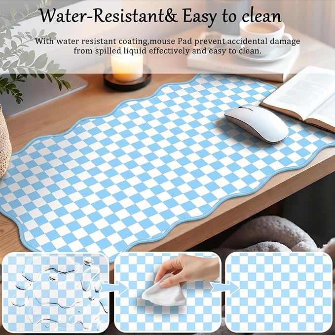 Scalloped Desk Mat Extended Large Cute Mouse Pad Big Desk Pad XXL Aesthetic Kawaii Plaid Mousepad Checkered Mouse Pad for Keyboard Computer Laptop Home Office Accessories Girl 35.4X15.7Inch Blue