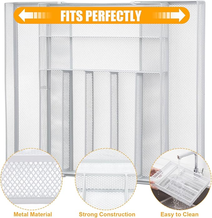 2 Pcs Utensil Drawer Silverware Organizer, Metal Mesh Expandable 13" 24" Kitchen Drawer Organizer, 7-9 Slots Cutlery Tray Dividers for Kitchen Flatware Christmas Housewarming Gift (White)
