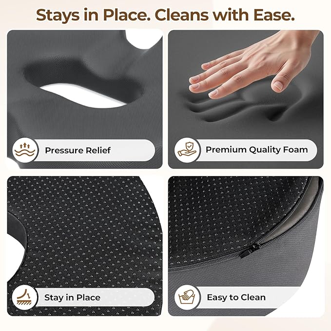 TushGuard Ergonomic Donut Pillow Seat Cushion with Raised Rear Support, Large Memory Foam Cushion for Tailbone, Hemorrhoids & Sciatica Relief, Office Chair, Car, Travel, Postpartum, Grey