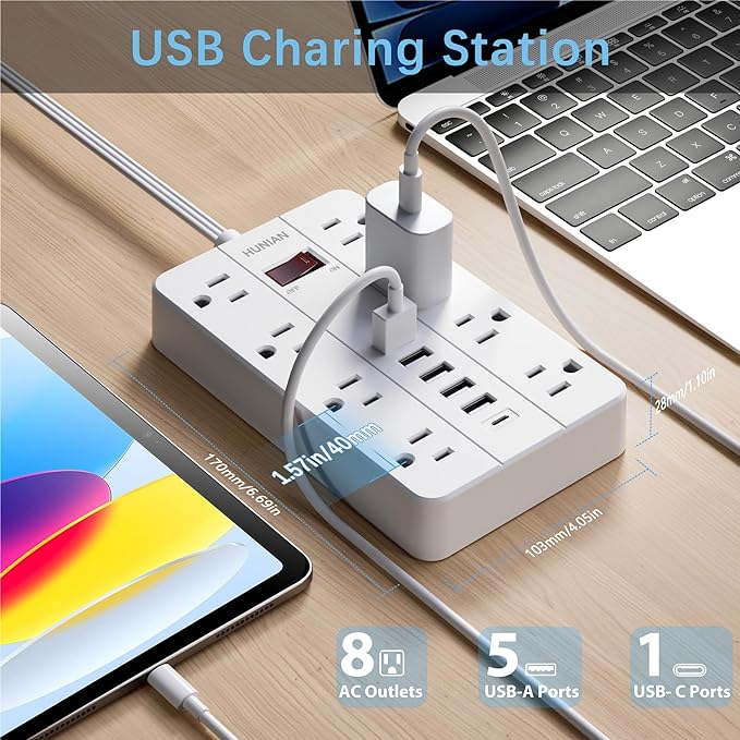 10 Ft Long Extension Cord,Power Strip with Multiple Outlets HUNIAN Flat Plug with 8 Widely Spaced Outlets 6 USB(1 USB C Port), Wall Mount Charging Station for Home and Office,White