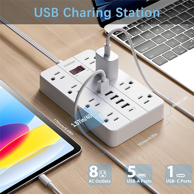 Power Strip with USB, Flat Plug Extension Cord with Multiple Outlets 5 Ft, HUNIAN Power Strip with 8 Widely Spaced Outlets 6 USB Charger (1 USB C Port), Desk Charging Station for Home Office, White