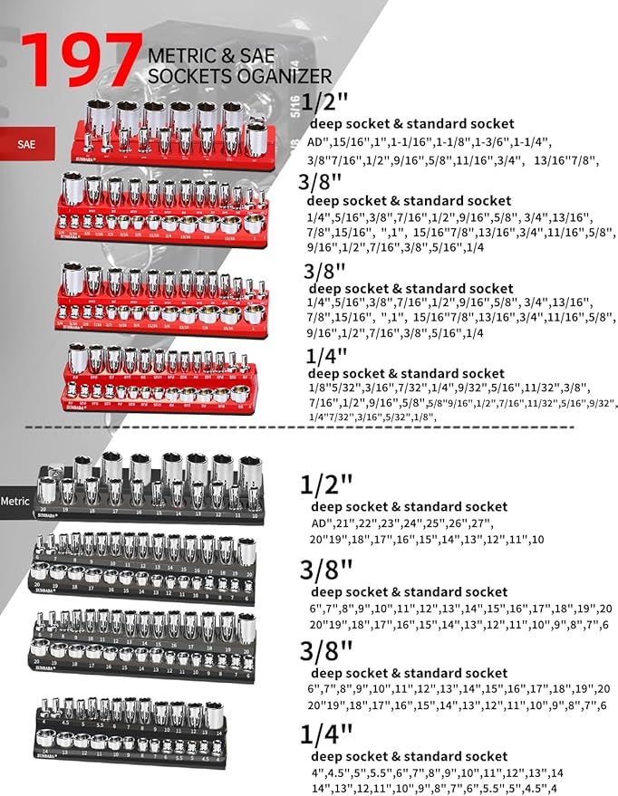 SUNBABA 8-Piece Magnetic Socket Organizer Set,1/2", 1/4" and 3/8" SAE & Metric Deep & Shallow Socket Holder Kit, Socket Trays, holds 197Pcs Sockets (sockets not included)