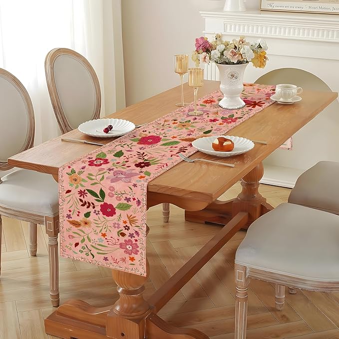 Boho Floral Pink Table Runner,Vintage Elegant Farmhouse Table Center Linen Decor,Country Rustic Farmhouse Magical Fall Kitchen Dining Table Decoration for Home Dining Party Decor 13x108 Inch