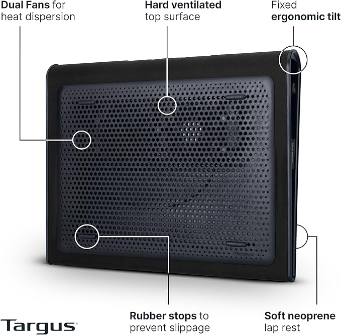Targus 17 Inch Dual Fan Lap Chill Mat - Soft Neoprene Laptop Cooling Pad for Heat Protection, Fits Most 17" Laptops and Smaller - USB-A Connected Dual Fans for Heat Dispersion (AWE55US)