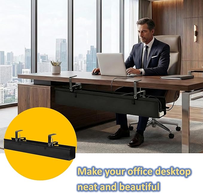 36" Under Desk Cable Management Tray - No Drill Oxford Cloth Cord Organizer with Clamp & Screw Mount - Large Capacity Fabric Cable Holder for Home Office, Gaming Desk & Standing Desk (Black)