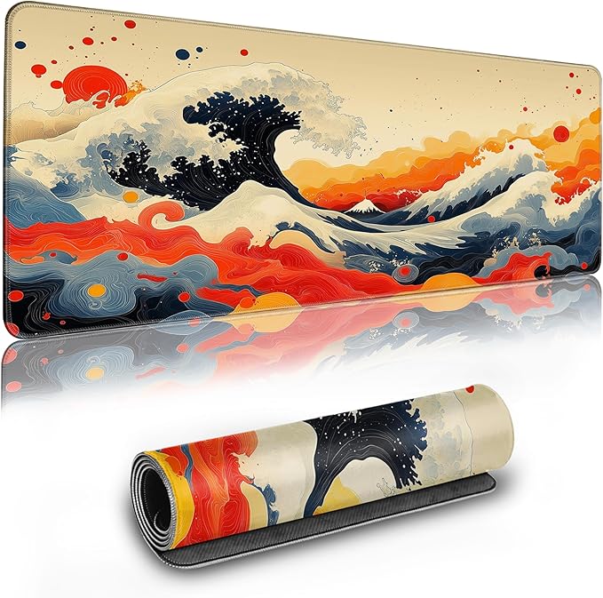 Long Gaming Mouse Pad Extended Anime Large Desk Pad with Non-Slip Base Full Keyboard Mat with Stitched Edges for Gaming and Office 31.5 x 11.8 inches (Watercolor Wave)