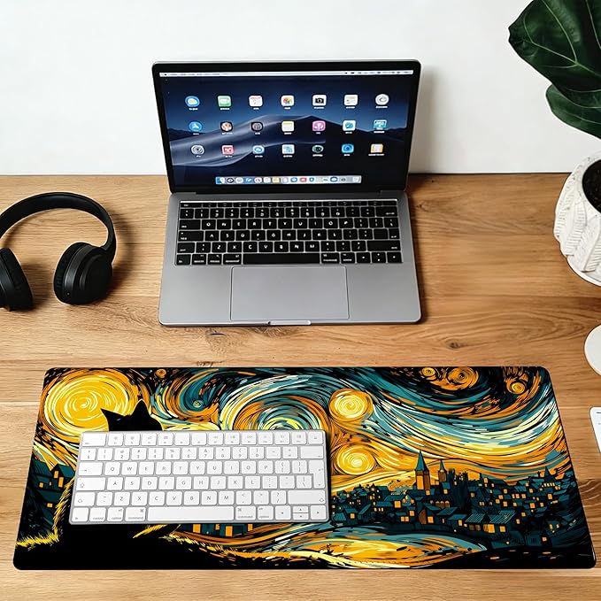 Yellow Starry Night Cat Mouse Pad,35.4 x 15.7 Inch Large Mouse Mat Non-Slip Rubber Stitched Edges for Writing Desk,Office,Home,Laptop