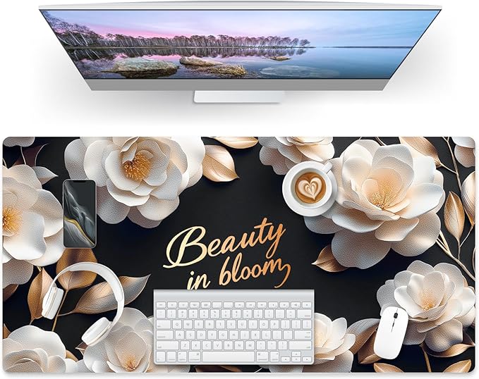 Dual-Sided PU Leather Desk Mat Blotter for Office, Home, Computer, Keyboard, Mouse, 15.7"x31.5" Large Non-Slip Writing Mat with Travel Storage Strap, Waterproof Easy to Clean (White Camellia)