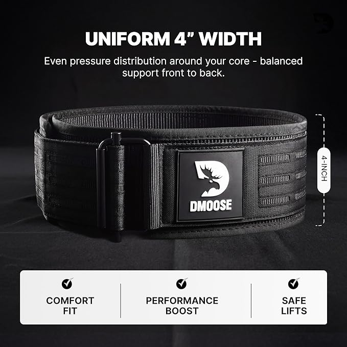 DMoose Weight Lifting Belt - Auto Locking Gym Belt for Olympic Training, WOD, Cross Training for Men and Women - 4" Nylon Workout belt with Adjustable Buckle - Provides Lumbar Support and Stability