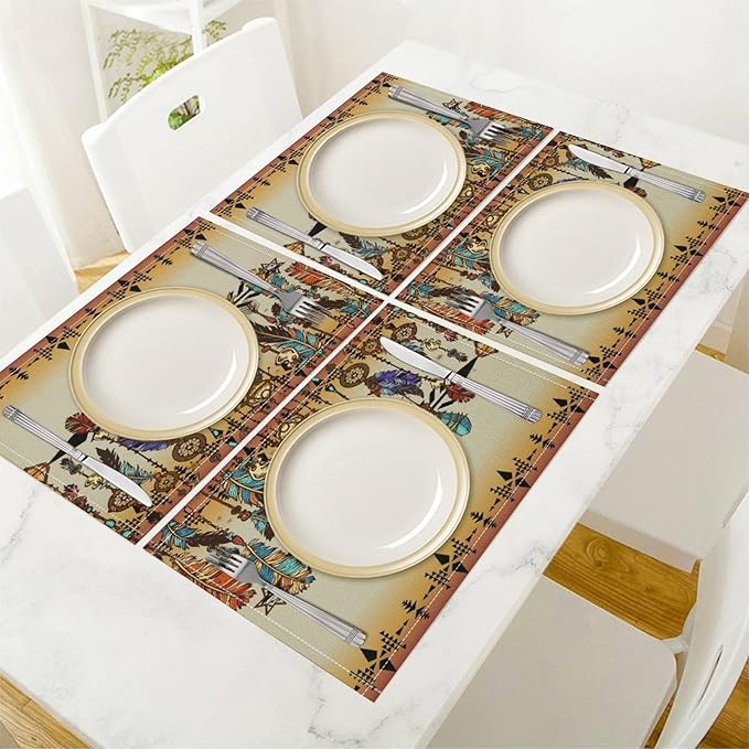 Vintage Aztec Southwest Placemats Ethnic Style Design Boho Geometric Pattern Linen Washable Table Mats Stain Heat-Resistant Desktop Decor Place Mats for Home Kitchen Dining Party 12x18 in 6 Pcs