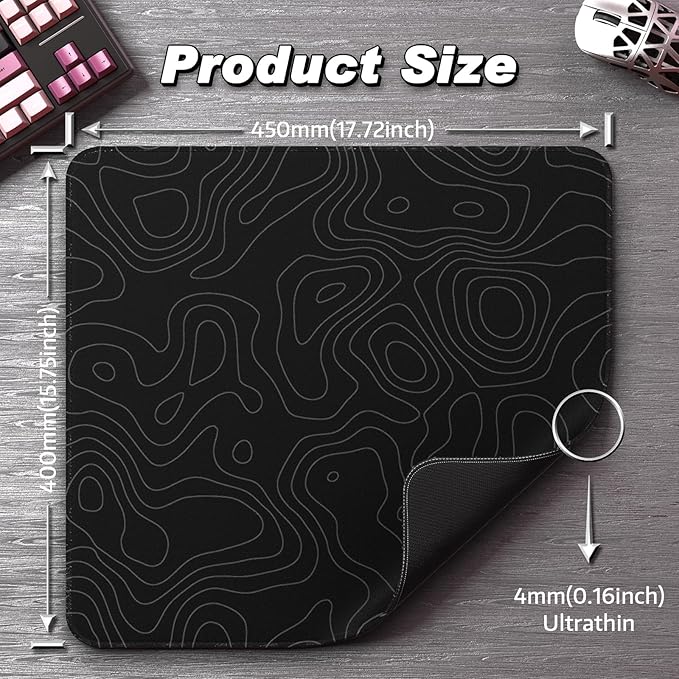 ATTACK SHARK CM02 Gaming Mouse Pad for Esports Speed Large Mouse mats for Desk Waterproof Surface Stitched Edges and Anti-Slip Rubber Base Size L Laminate 17.72” x 15.75” x 0.16” Black Contour