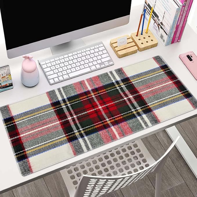 Gaming Mouse Pad, Large Non-Slip Rubber Base Mousepad, Keyboard Mouse Mat, Desk Pad with Stitched Edges, 31.5x11.8inch, Red and White Plaid