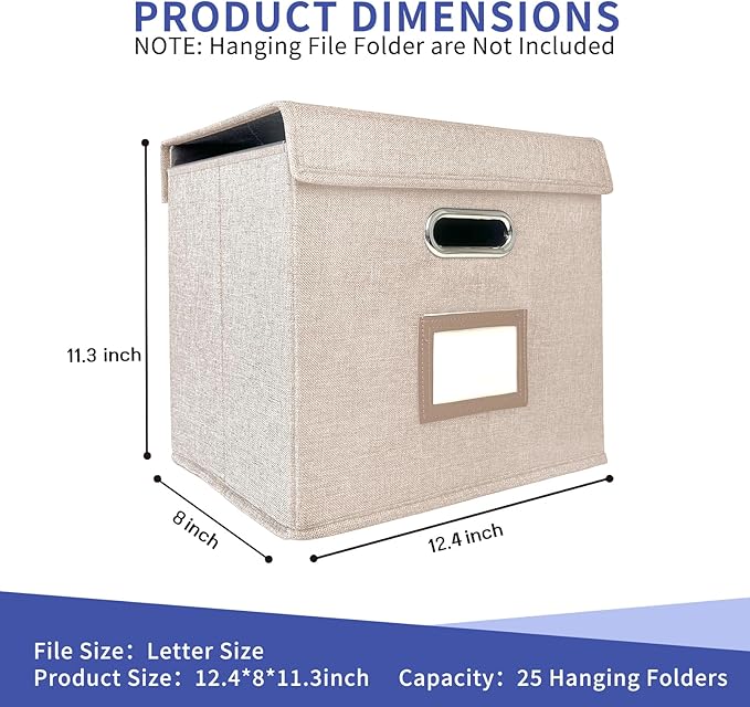 6 Pack Hanging File Folder Box with Lid, Durable Letter Size Filing Storage Box, Sturdy File Holder with Cardboard Support PVC Rails for Office Home Organizer, Beige