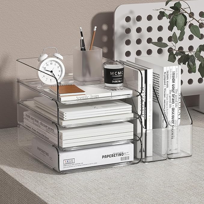 FANXIYQ 4-Tier Acrylic Paper Tray Organizer | Clear Stackable Desk Organizer for Documents, Letters, A4 Paper | Modern Office/Classroom/Home Organization,Clear