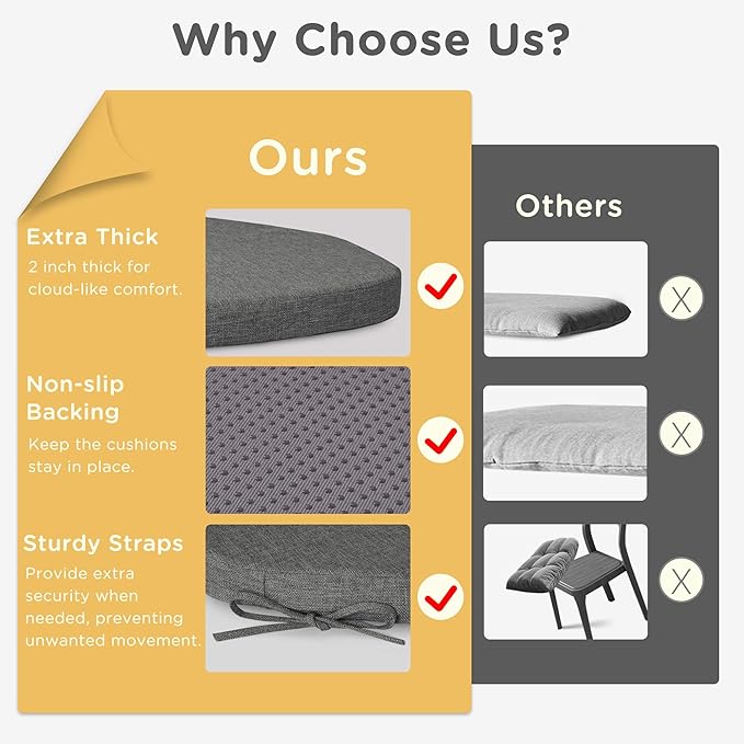 Windsor Chair Cushions for Dining Chairs 1 Pack Non Slip Kitchen Seat Cushion with Ties and Washable Covers Indoor Comfortable Seat Pad with Thick Foam 16.5" x 15.5" x 2" Dark Grey
