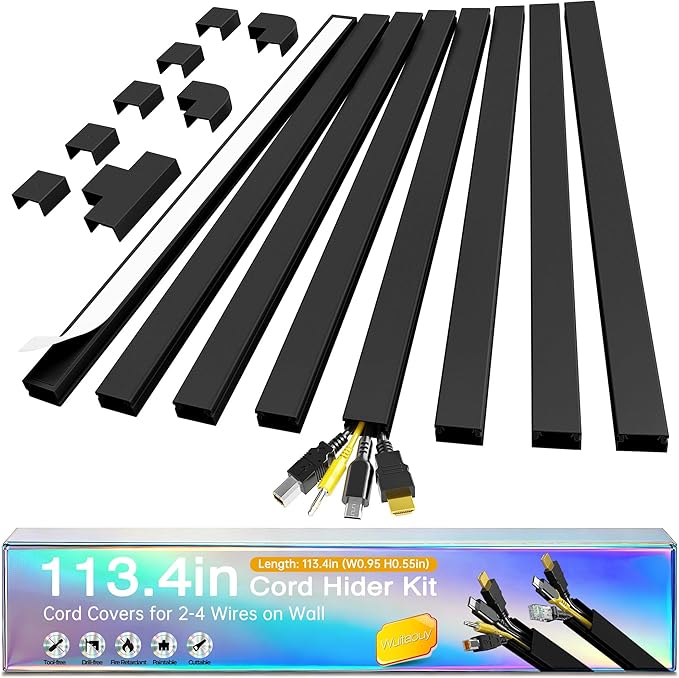 Cord Hider Kit, 113.4in Cord Covers for 2-4 Wires on Wall, Self-Adhesive Cable Hider Wire Covers for Cords on Wall, Paintable Cable Cover Raceway, Cord Hider for Walls Mount Tv, W0.95 H0.55in, Black