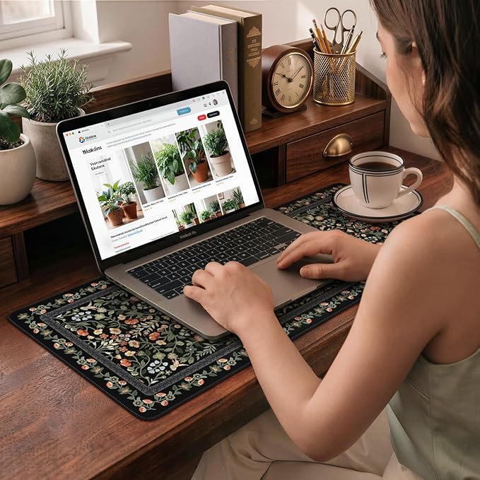 iCasso Aesthetic Floral Desk Mat, L Mouse Pads, Anti-Slip Retro Mousepad with Stitched Edges, Waterproof Computer Pad 11.8"x31.5",Desk Accessories Office Decor for Women(Black)