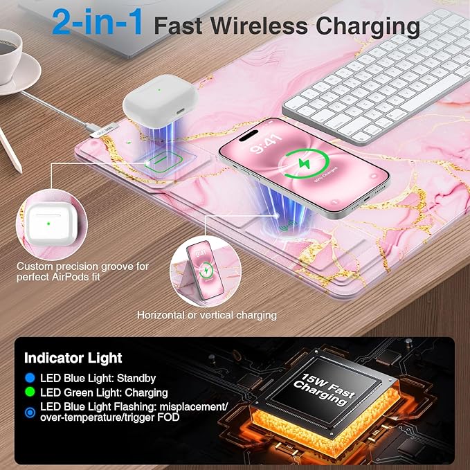 Wireless Charging Mouse Pad with Foldable Phone Holder, 31.5"x15.8" Large Desk Mat for Laptop/Keyboard, Waterproof Ultra-Smooth Surface, Non-Slip Base, Pink Marble