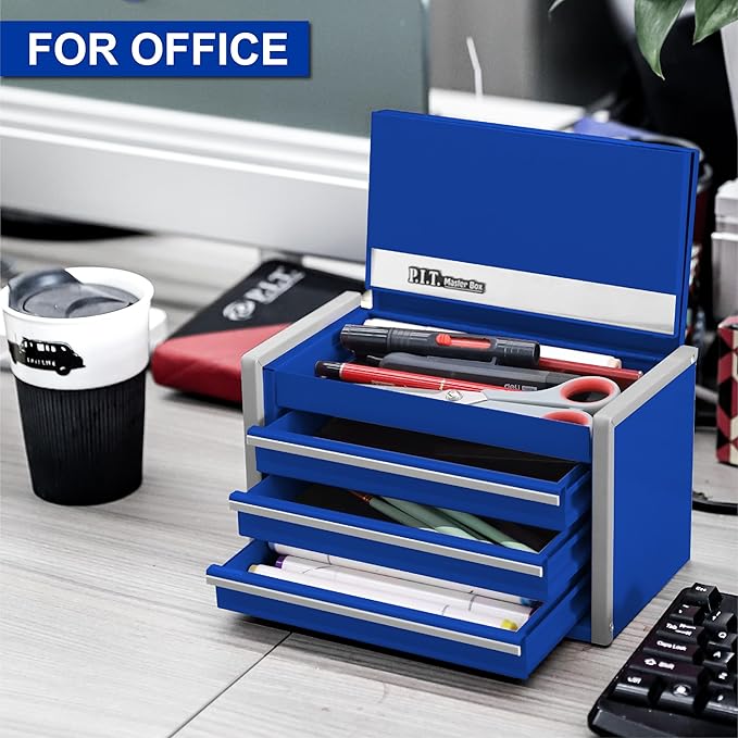 P.I.T. Mini Tool Box 8.6"W X 4.6"D, Portable 3 Drawer Steel Stackable Blue Tool Box with Magnetic Tab Locking, Blue Micro Top Chest with Liner for Tools Storage and Organizers, Home DIY