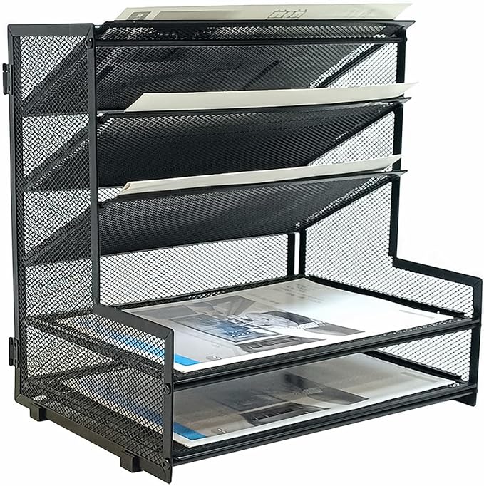 SETTFRFE Metal Desktop File Holder Organizer with 5 Tier Paper Tray, Office Supplies Desk Organizer, Black