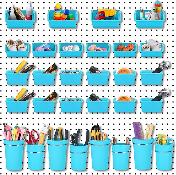 Roowest 60 Pcs Pegboard Cups Pegboard Bins Set, Wall Organizer with Hooks and Loops, Hooks Assortment Organizer Accessory for Office Storage Garage Craft Workshop(Blue)