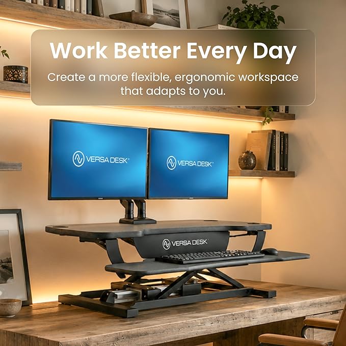 VERSADESK PowerPro 40 Inch Electric Standing Desk Converter – Push-Button Height Adjustable Sit to Stand Desk Riser for Triple Monitors & Laptop – Motorized Desktop Workstation with Wide Keyboard Tray