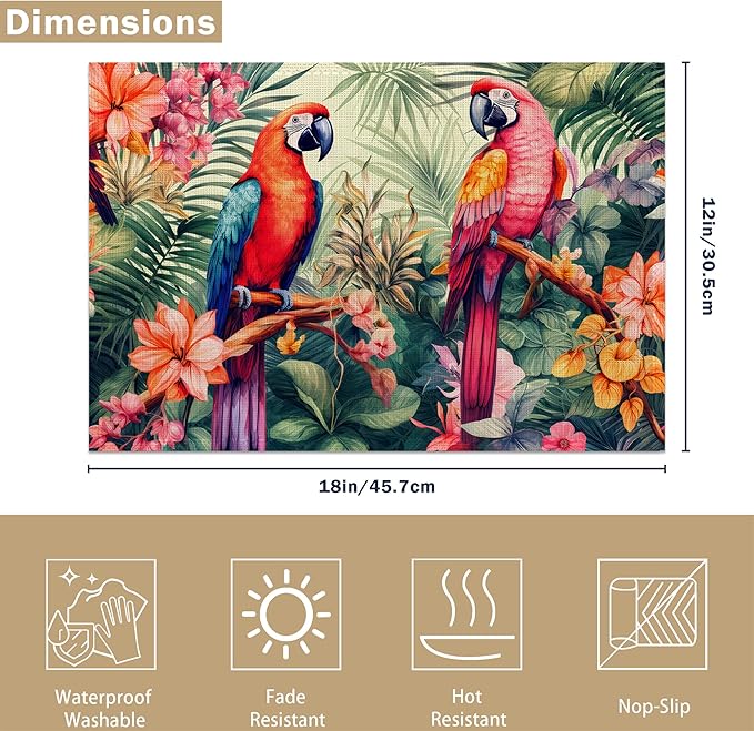 Placemats Set of 6, Tropical Parrot Forest Linen Placemats 12x18 Inch, Heat Resistant Table Mats, Washable Non Slip Place Mats for Dining Table Kitchen Home