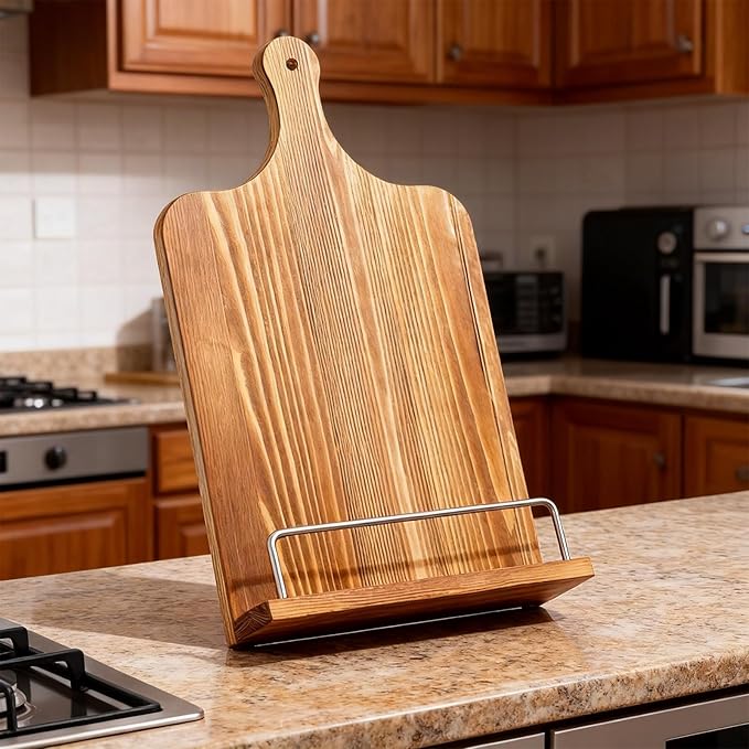 Cookbook Stand for Kitchen Counter Rustic Recipe Book Stand Adjustable iPad Tablet Cookbook Holder for Cooking, Kitchen & Dining Room Brown