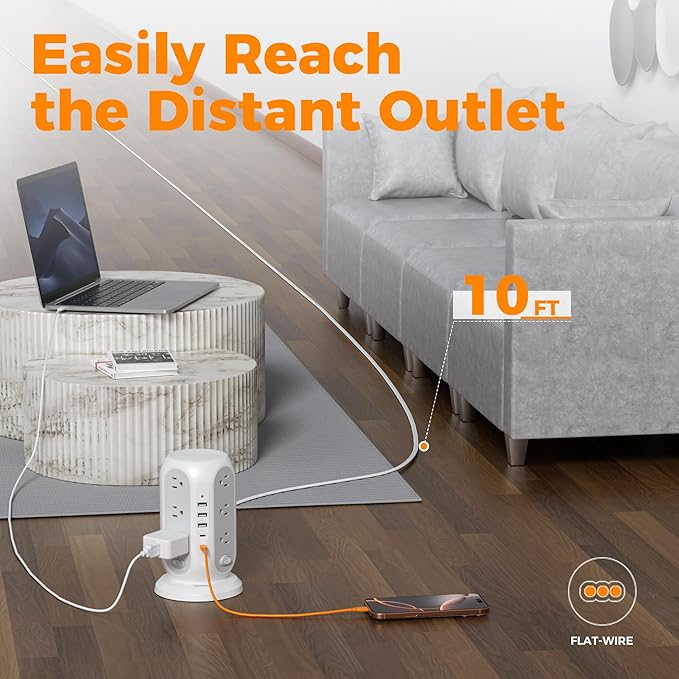 TESSAN Tower Power Strip with Individual Switches, 12 Outlets and 5 USB Ports(2 USB C), Flat Extension Cord 10 Ft, 1250W, Charging Station for Multiple Devices, Office, Dorm, Grey