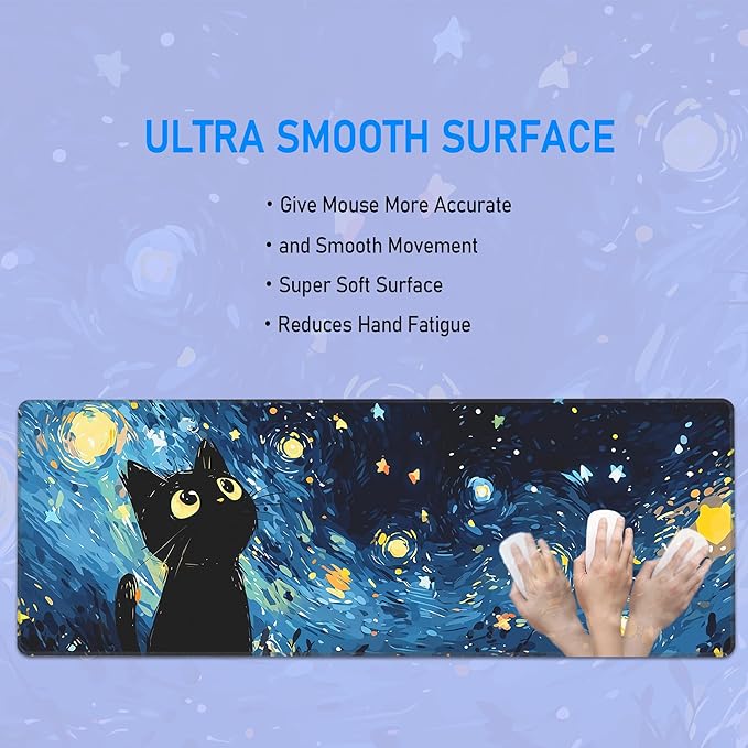 Starry Night Cat Gaming Mouse Pad,Large Cute Mousepad,Extended Anime Dreamy Waterproof Desk Mouse Mat,Kawaii Blue Stitch Mousemat for Office and Home,31.5 x 12in