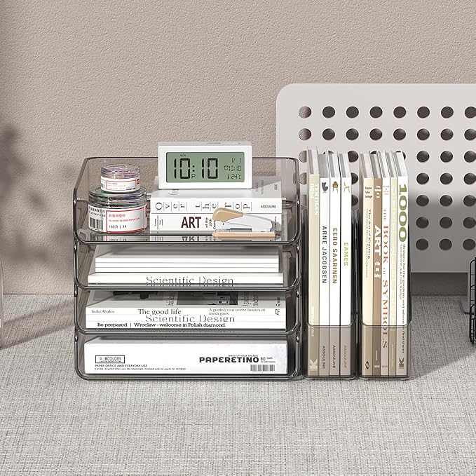 FANXIYQ 4-Tier Horizontal Acrylic Paper Tray Organizer with Booends | Clear Stackable Desk Organizer for Documents, Letters, A4 Paper | Modern Office/Classroom/Home Organization,Brown