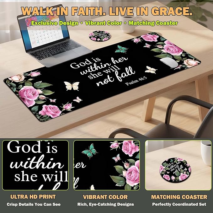 Extended Mouse Pad 31.5 x 11.8 Inches Decorative Desk Mat Mousepad with Stitched Edges for Home Office, Waterproof Washable, Includes Matching Coaster Bible Christ